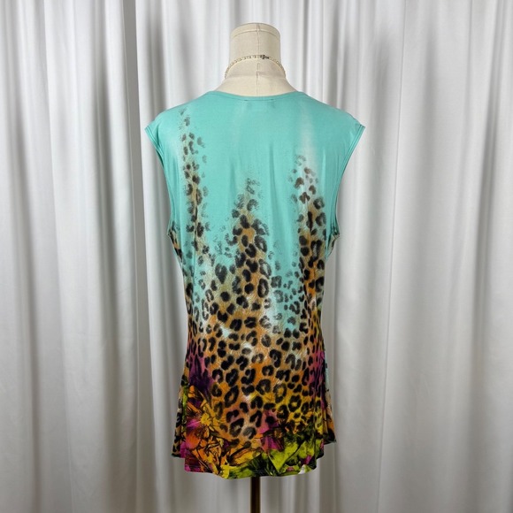 Vintage y2k Venus Leopard Floral Jewel Embellished Tunic Top Turquoise V-Neck - Picture 3 of 4